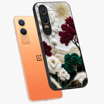 Radiant Bloom Elegance Glass Case for 1+Nord CE 4 Lite angled mockup showcasing glossy finish and refined bloom detailing
