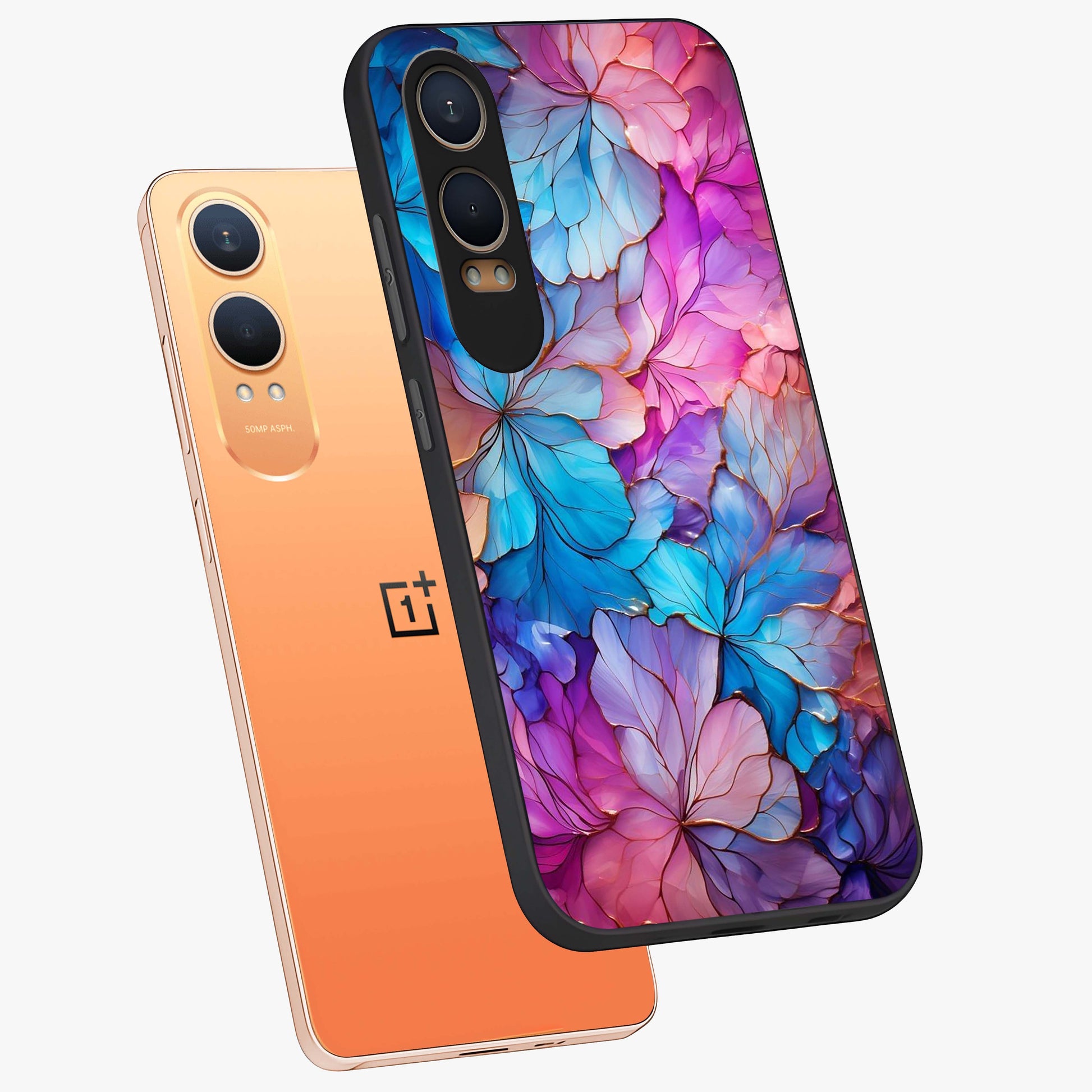 Radiant Floral Whirl Glass Case for 1+Nord Ce 4 Lite angled mockup showcasing glossy finish and dynamic bloom tones