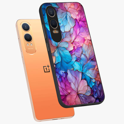 Radiant Floral Whirl Glass Case for 1+Nord Ce 4 Lite angled mockup showcasing glossy finish and dynamic bloom tones