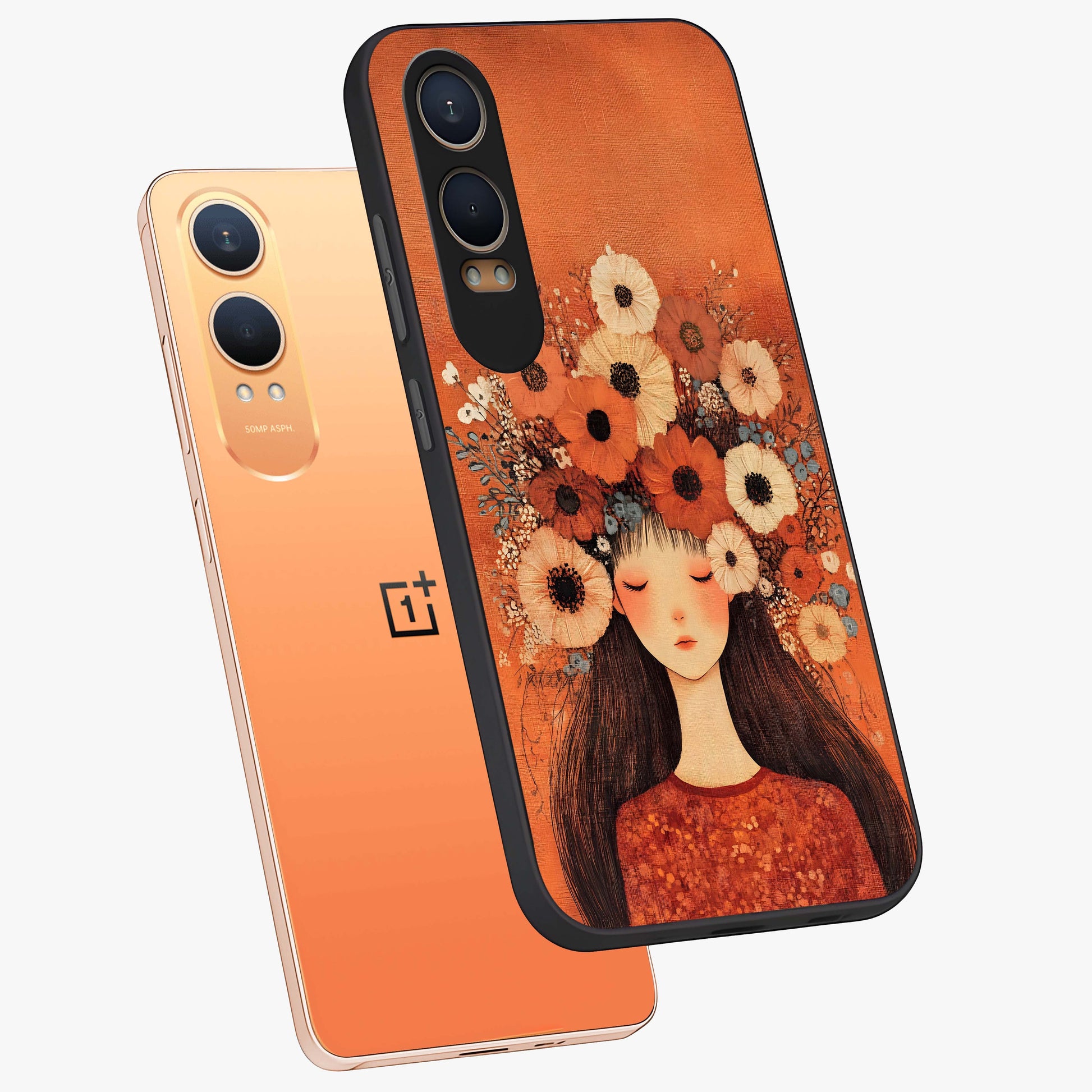 Radiant Flower Thoughts Glass Case for 1+Nord CE 4 Lite angled mockup showcasing glossy finish and pastel bloom detailing