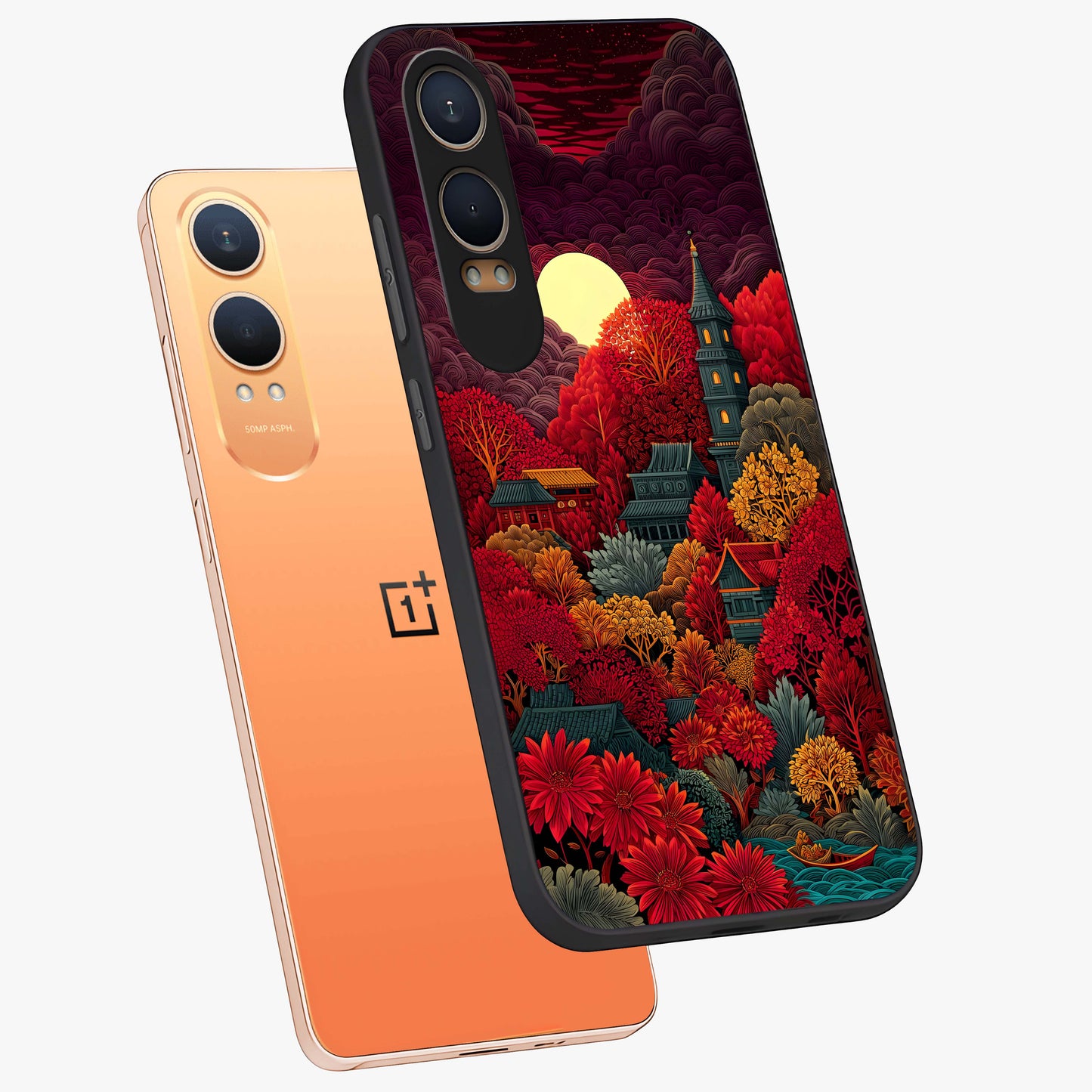 Red Scenery Hot Glass Case for 1+Nord CE 4 Lite angled mockup showcasing glossy finish and intense sunset tones