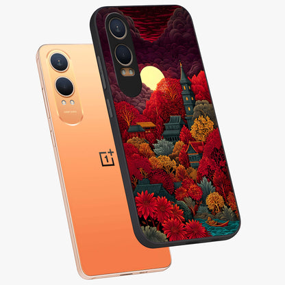 Red Scenery Hot Glass Case for 1+Nord CE 4 Lite angled mockup showcasing glossy finish and intense sunset tones