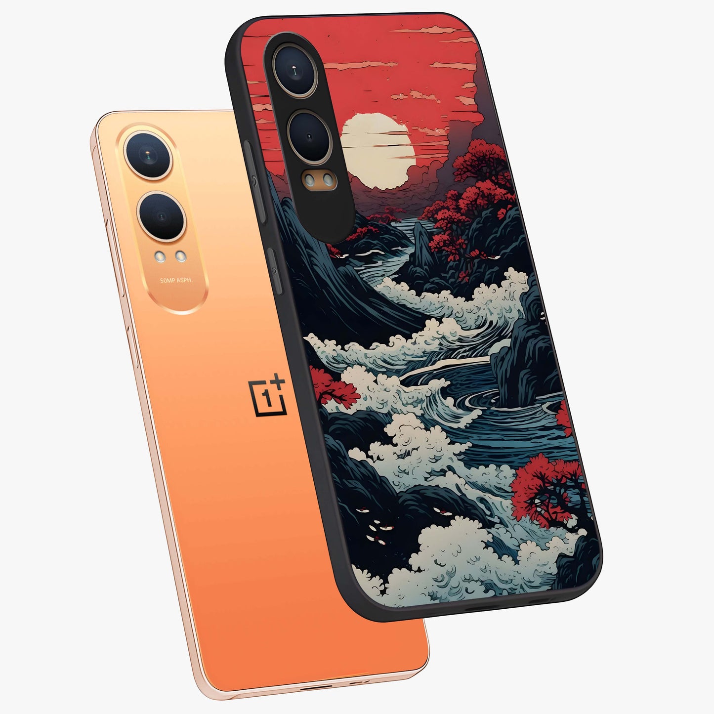 Red Sunset Scenery Glass Case for 1+Nord Ce 4 Lite angled mockup showcasing glossy finish and rich crimson tones