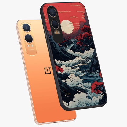 Red Sunset Scenery Glass Case for 1+Nord Ce 4 Lite angled mockup showcasing glossy finish and rich crimson tones