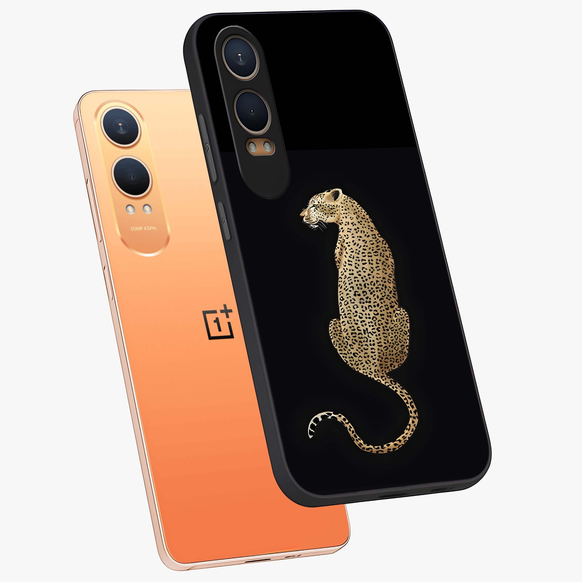 Regal Leopard Glass Case for 1+Nord CE 4 Lite angled mockup showcasing glossy glass finish and detailed animal textures