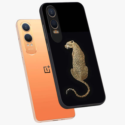 Regal Leopard Glass Case for 1+Nord CE 4 Lite angled mockup showcasing glossy glass finish and detailed animal textures