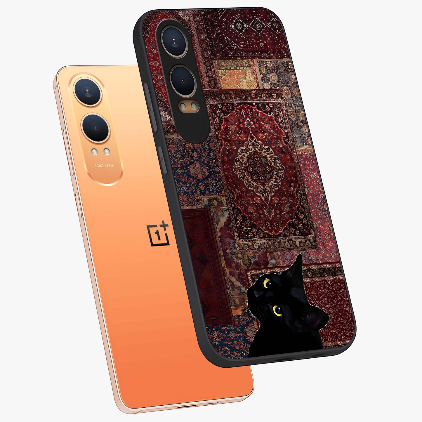 Regal Magic Cat Apple Glass Case for 1+Nord CE 4 Lite angled mockup showcasing glossy finish and vibrant illustration detailing