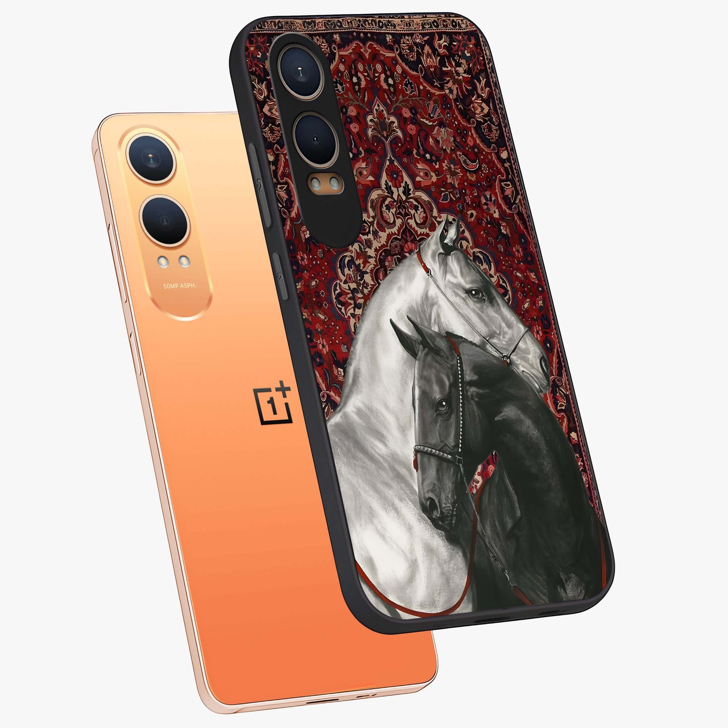 Regal Stallion Tapestry Glass Case for 1+Nord CE 4 Lite angled mockup showcasing glossy finish and rich ornamental tones