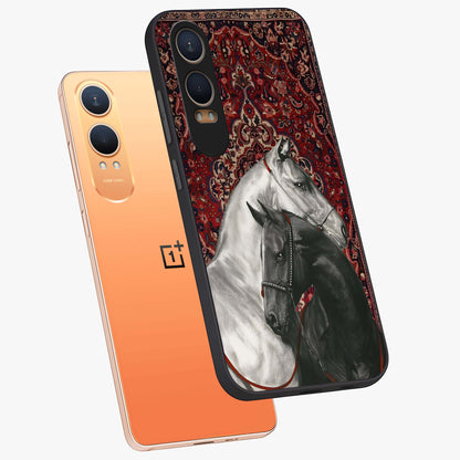 Regal Stallion Tapestry Glass Case for 1+Nord CE 4 Lite angled mockup showcasing glossy finish and rich ornamental tones