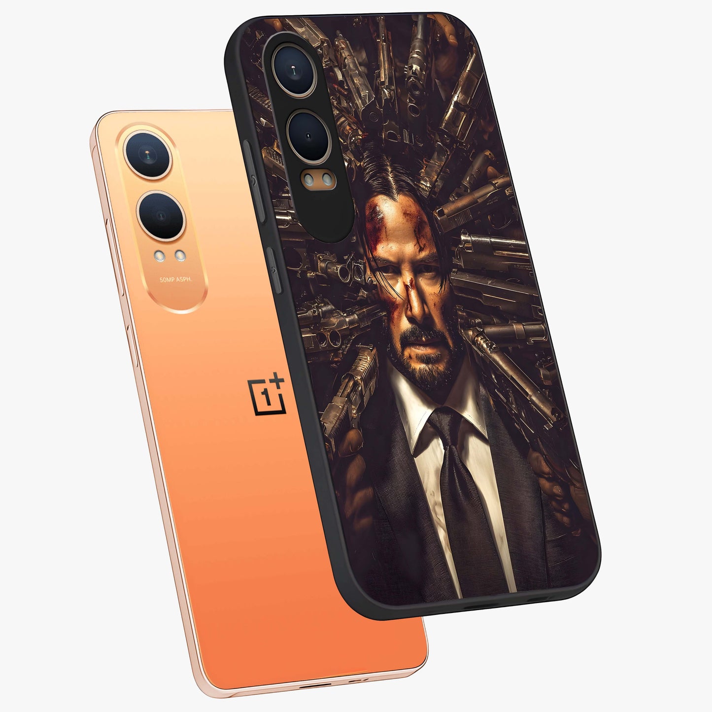 Relentless Shadow Assassin Glass Case for 1+Nord CE 4 Lite angled mockup showcasing glossy finish and dramatic shadow detailing
