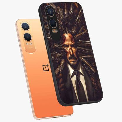 Relentless Shadow Assassin Glass Case for 1+Nord CE 4 Lite angled mockup showcasing glossy finish and dramatic shadow detailing