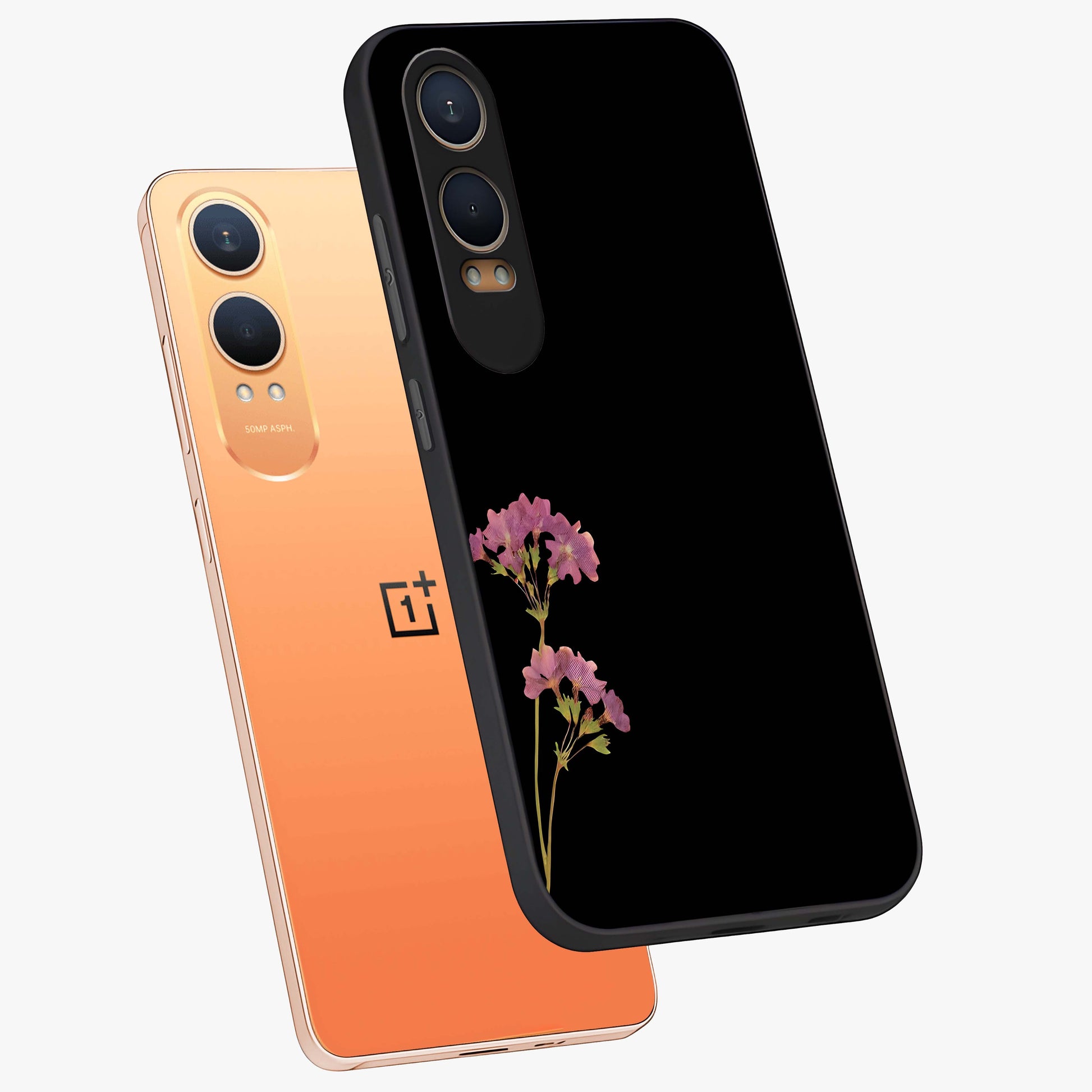 Riching Lavender Flower Glass Case for 1+Nord Ce 4 Lite angled mockup showcasing glossy finish and pastel purple tones