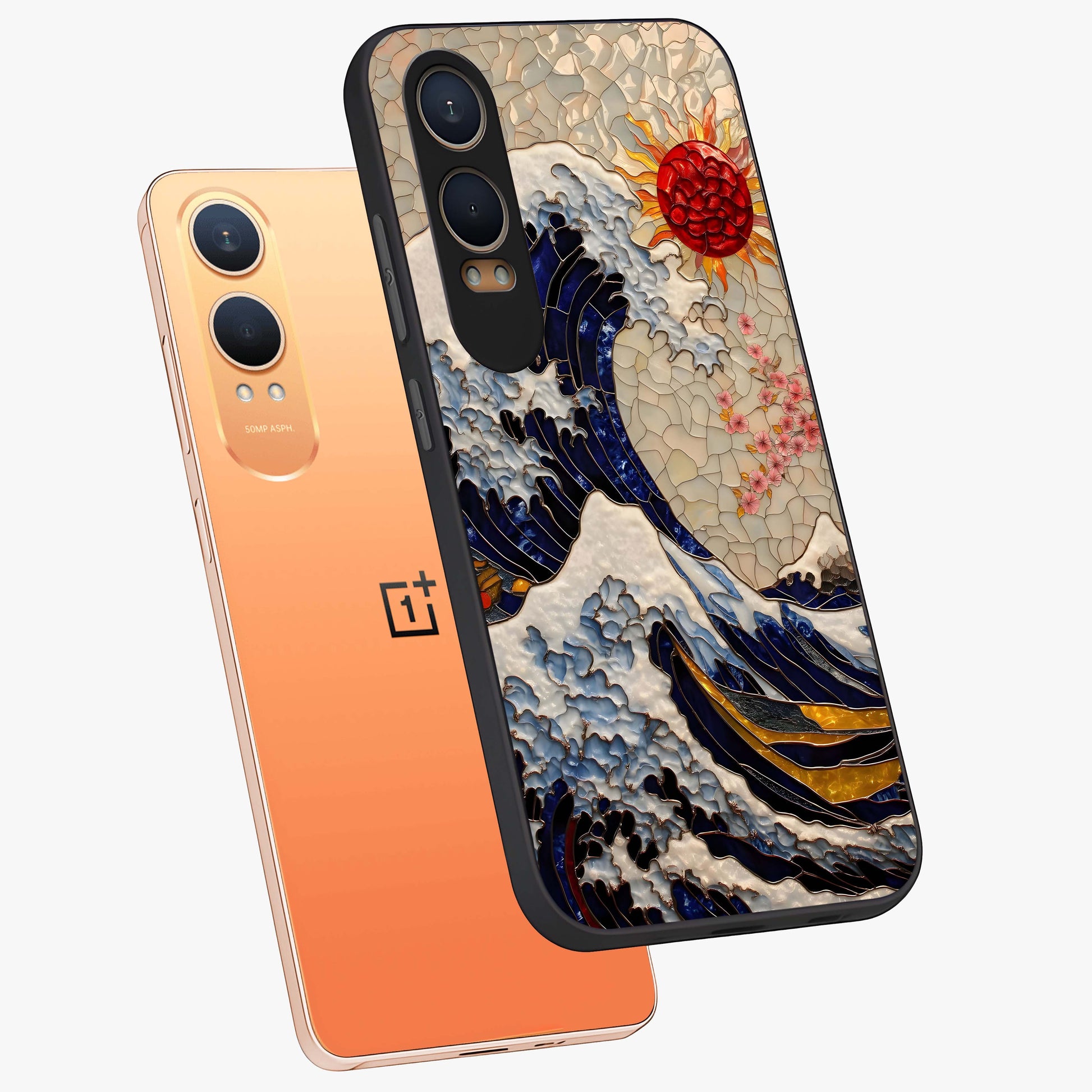 Rising Wave Glory Glass Case for 1+Nord CE 4 Lite angled mockup showcasing glossy finish and bold ocean tones