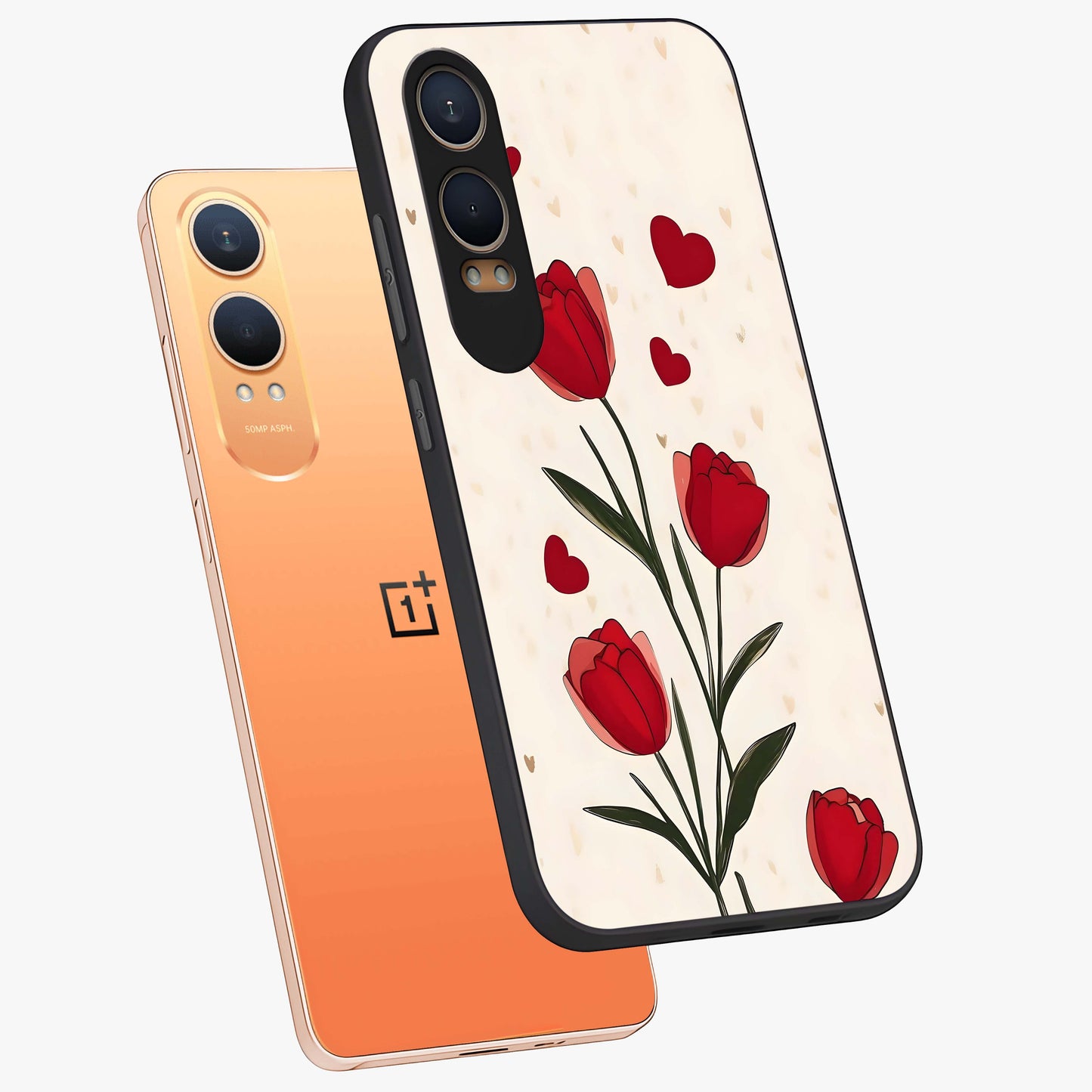 Romantic Tulip Hearts Glass Case for 1+Nord CE 4 Lite angled mockup showcasing glossy glass finish and soft romantic tones