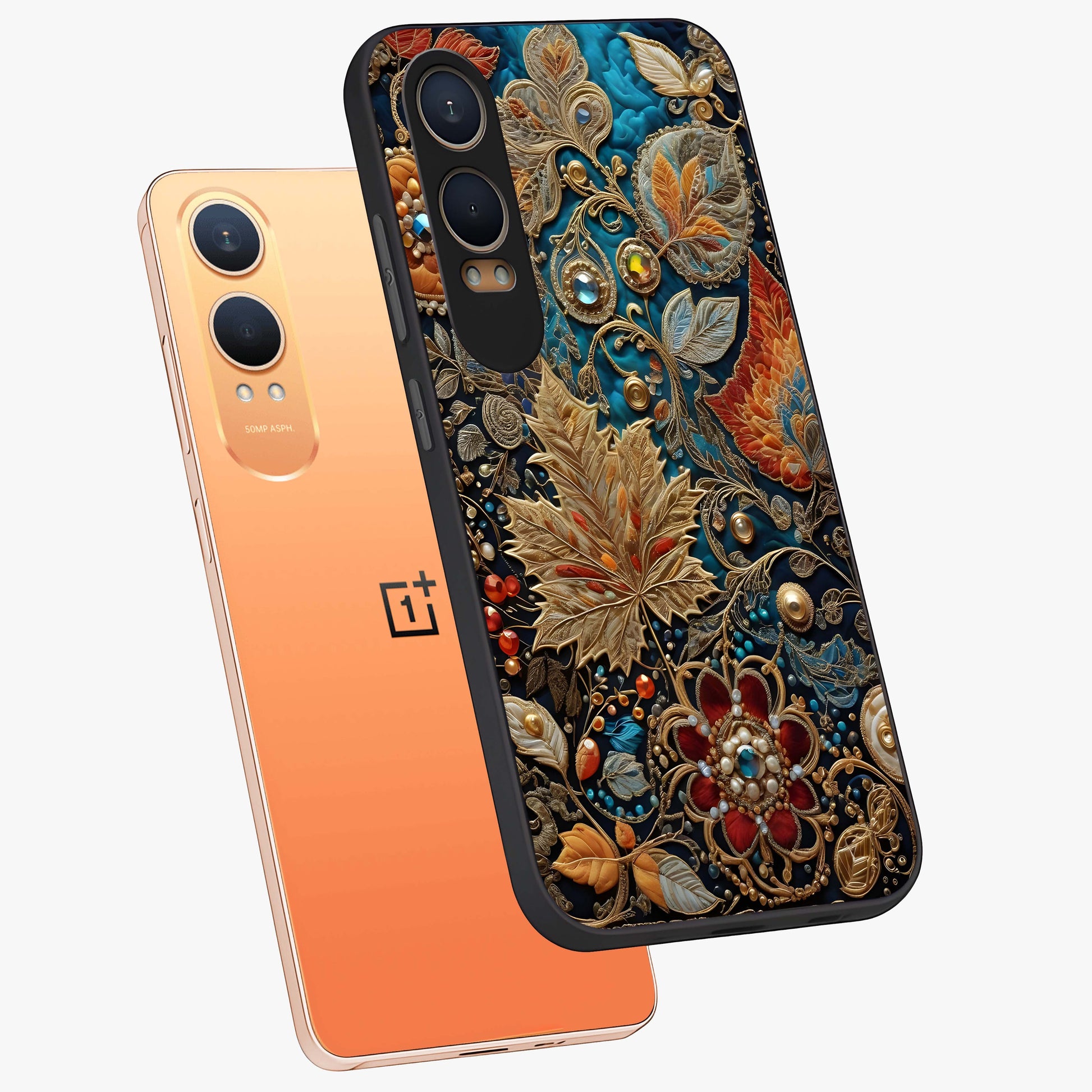 Royal Jewel Garden Glass Case for 1+Nord Ce 4 Lite angled mockup showcasing glossy finish and rich vibrant tones