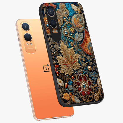 Royal Jewel Garden Glass Case for 1+Nord Ce 4 Lite angled mockup showcasing glossy finish and rich vibrant tones