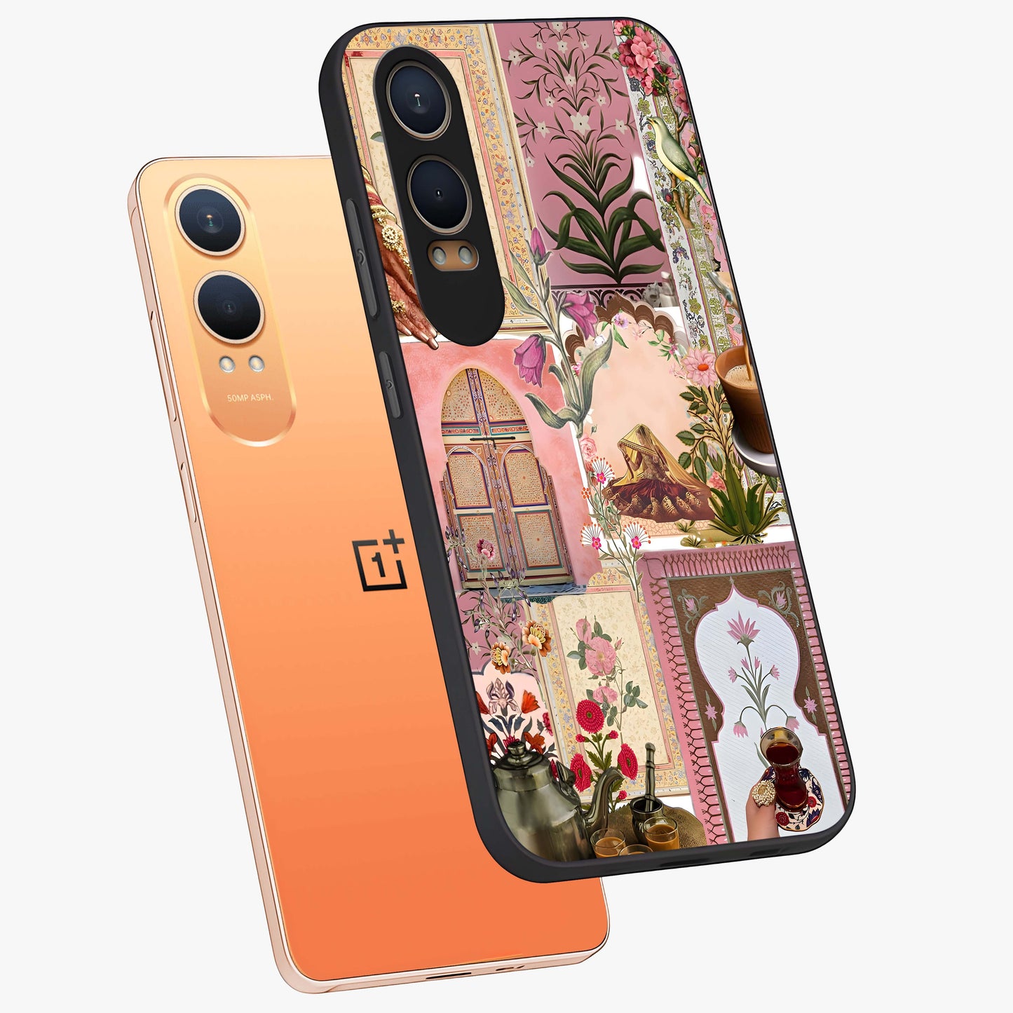 Royal Pink Legacy Glass Case for 1+Nord Ce 4 Lite angled mockup showcasing glossy finish and refined pastel tones