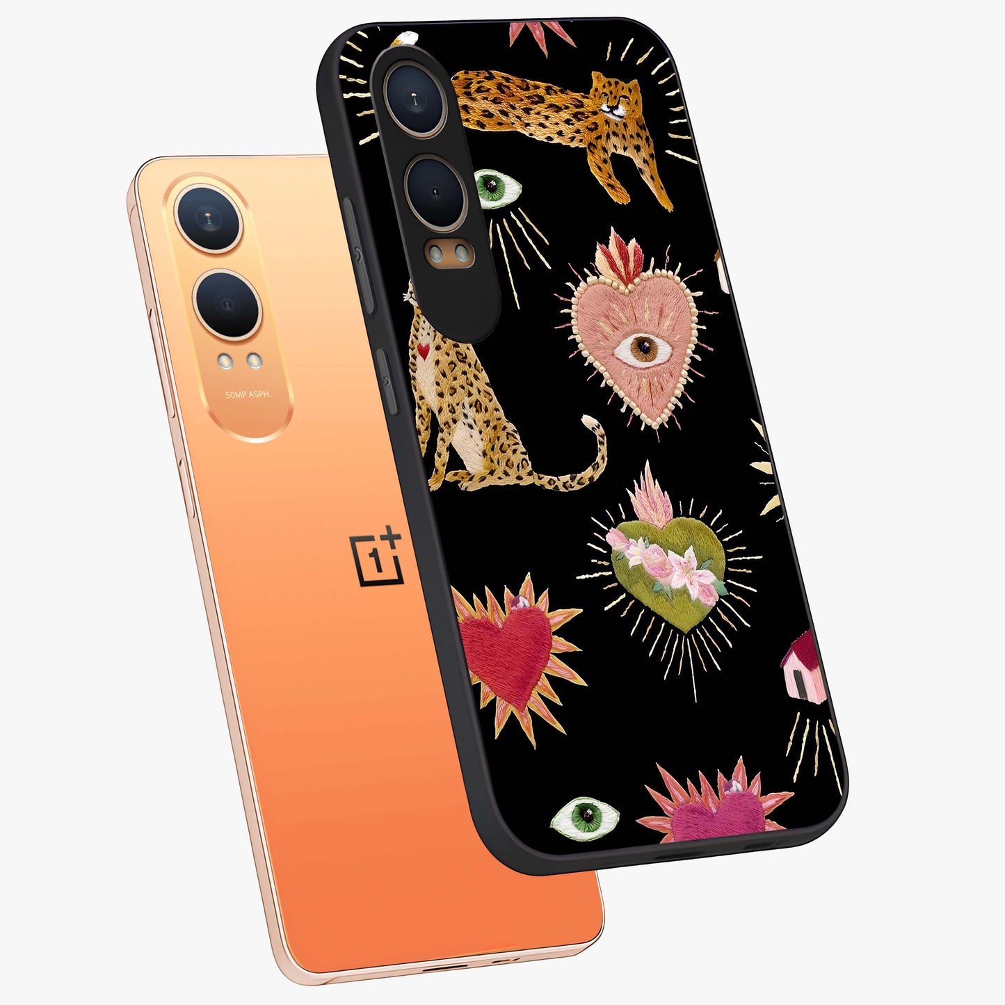 Sacred Jungle Heart Glass Case for 1+Nord CE 4 Lite angled mockup showcasing glossy finish and rich green tones