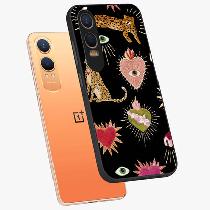 Sacred Jungle Heart Glass Case for 1+Nord CE 4 Lite angled mockup showcasing glossy finish and rich green tones