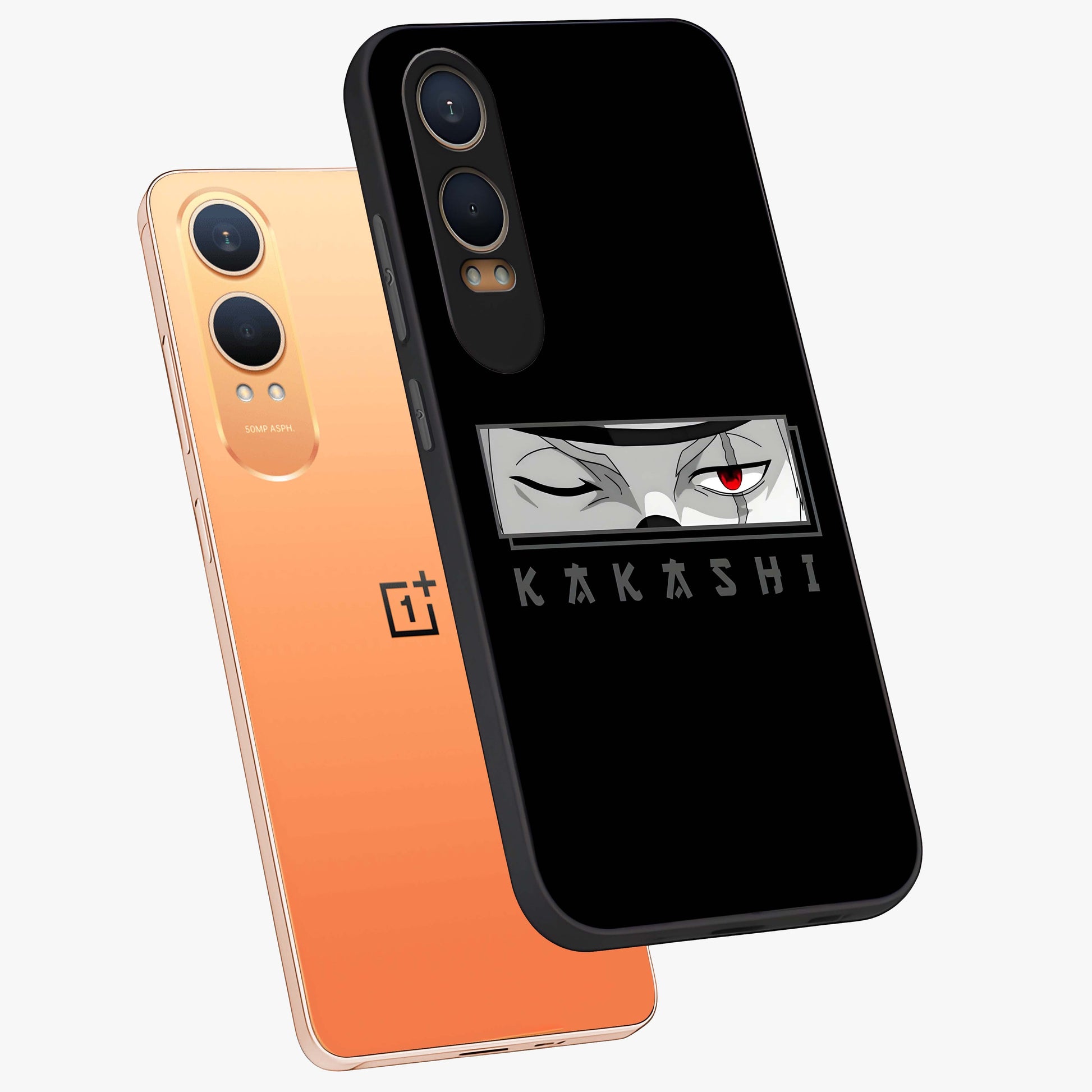 Scarlet Ninja Gaze Glass Case for 1+Nord Ce 4 Lite angled mockup showcasing glossy finish and sharp warrior detailing