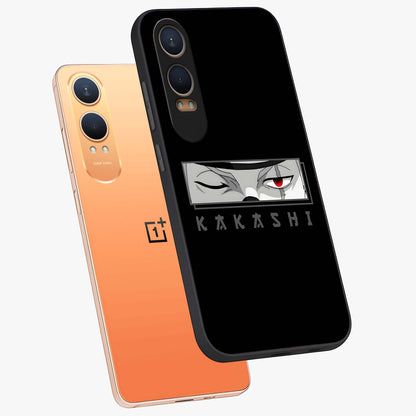 Scarlet Ninja Gaze Glass Case for 1+Nord Ce 4 Lite angled mockup showcasing glossy finish and sharp warrior detailing