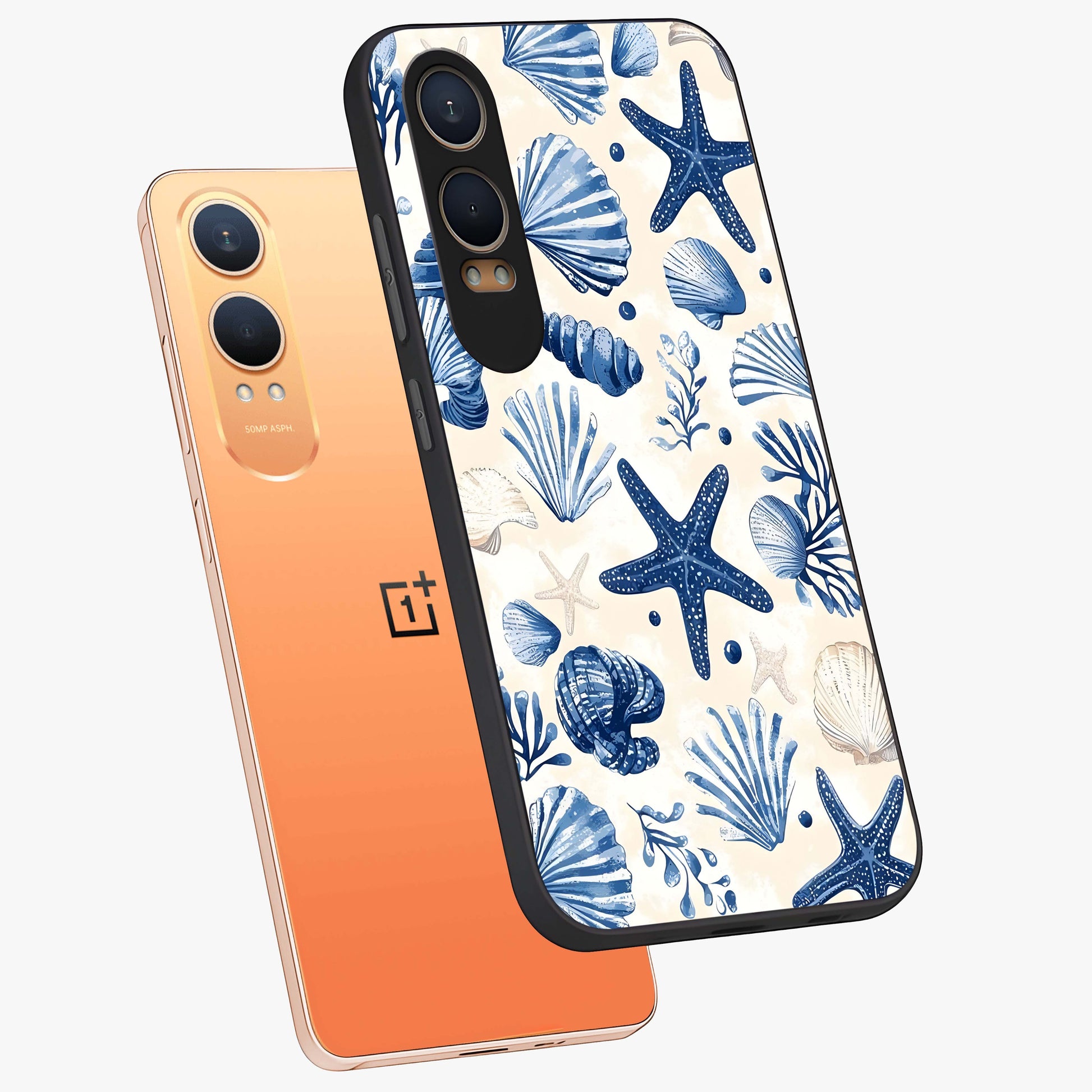 Seaside Starfish Magic Glass Case for 1+Nord Ce 4 Lite angled mockup showcasing glossy finish and coastal pastel detailing