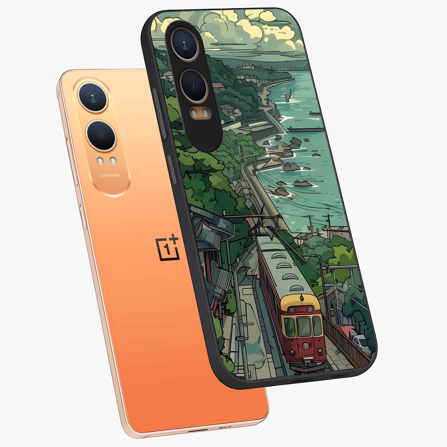 Seaside Train Ride Glass Case for 1+Nord Ce 4 Lite angled mockup showcasing glossy finish and calming ocean gradients