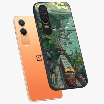 Seaside Train Ride Glass Case for 1+Nord Ce 4 Lite angled mockup showcasing glossy finish and calming ocean gradients