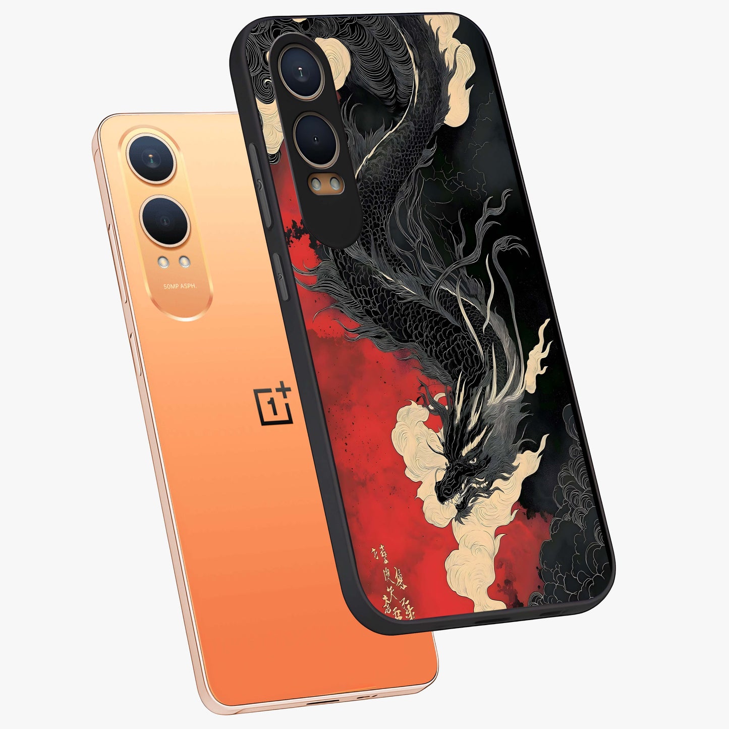 Shadow Dragon Fury Glass Case for 1+Nord CE 4 Lite angled mockup showcasing glossy finish and powerful fantasy detailing