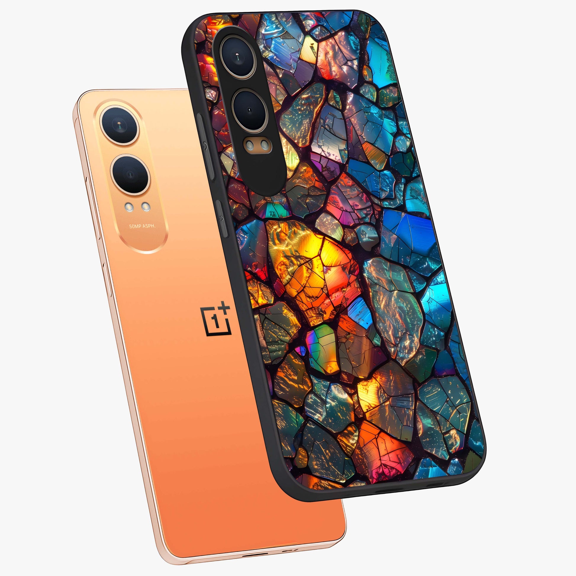 Shattered Light Glass Case for 1+Nord CE 4 Lite angled mockup showcasing glossy finish and high contrast detailing