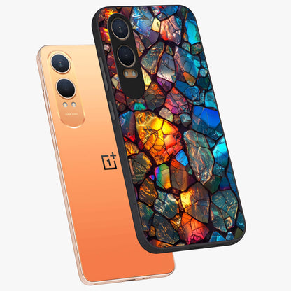 Shattered Light Glass Case for 1+Nord CE 4 Lite angled mockup showcasing glossy finish and high contrast detailing