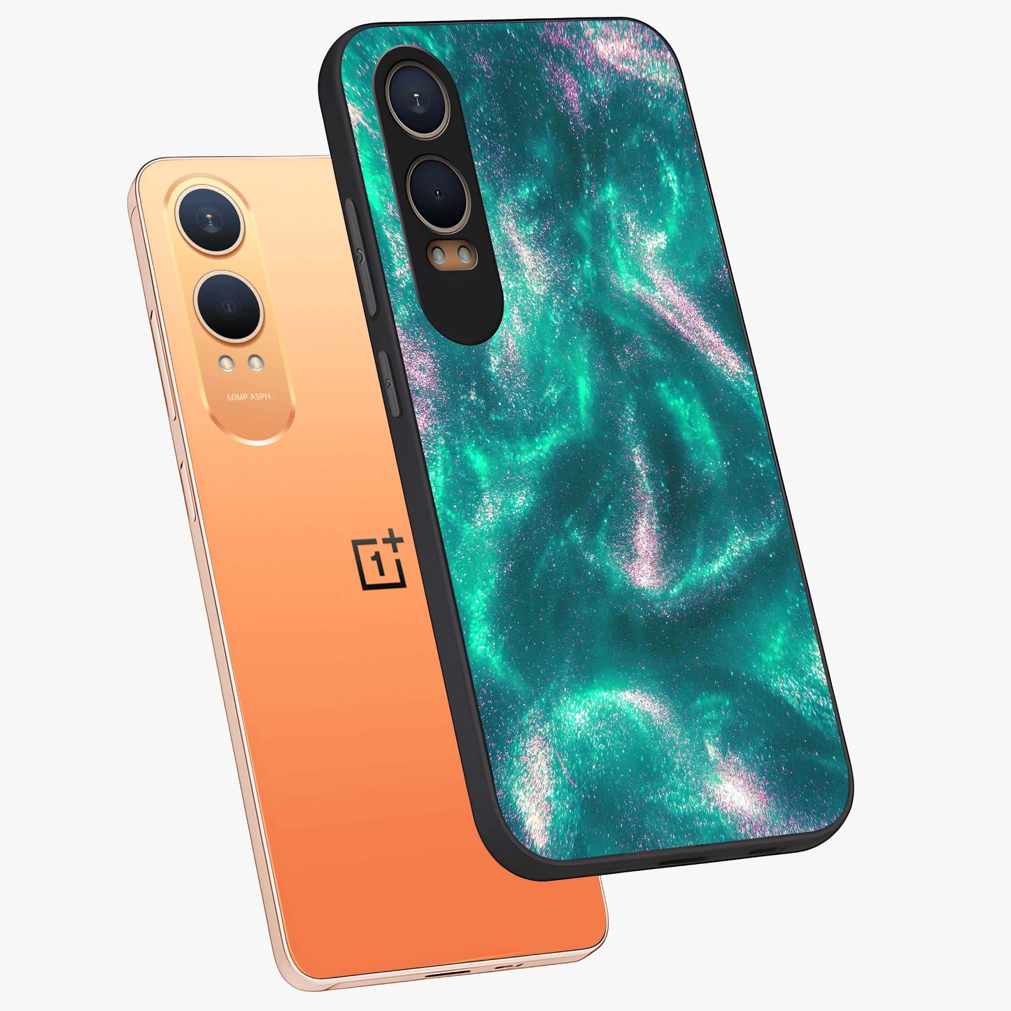 Shimmering Nebula Waves Glass Case for 1+Nord CE 4 Lite angled mockup showcasing glossy finish and deep space gradients