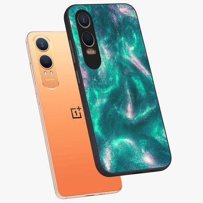 Shimmering Nebula Waves Glass Case for 1+Nord CE 4 Lite angled mockup showcasing glossy finish and deep space gradients