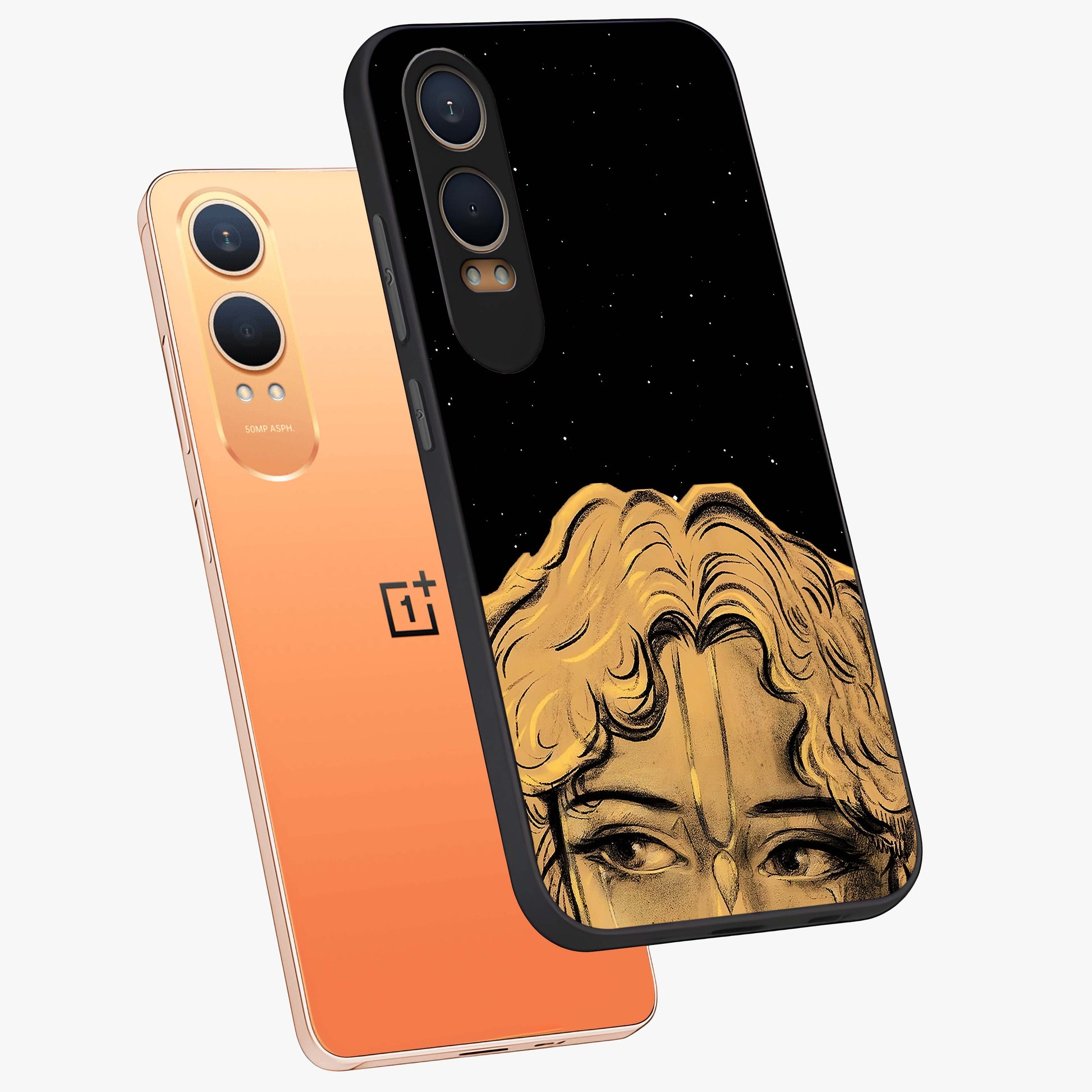 Shri Krishna Art Glass Case for 1+Nord Ce 4 Lite angled mockup showcasing glossy finish and vibrant spiritual tones