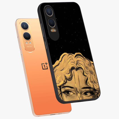 Shri Krishna Art Glass Case for 1+Nord Ce 4 Lite angled mockup showcasing glossy finish and vibrant spiritual tones