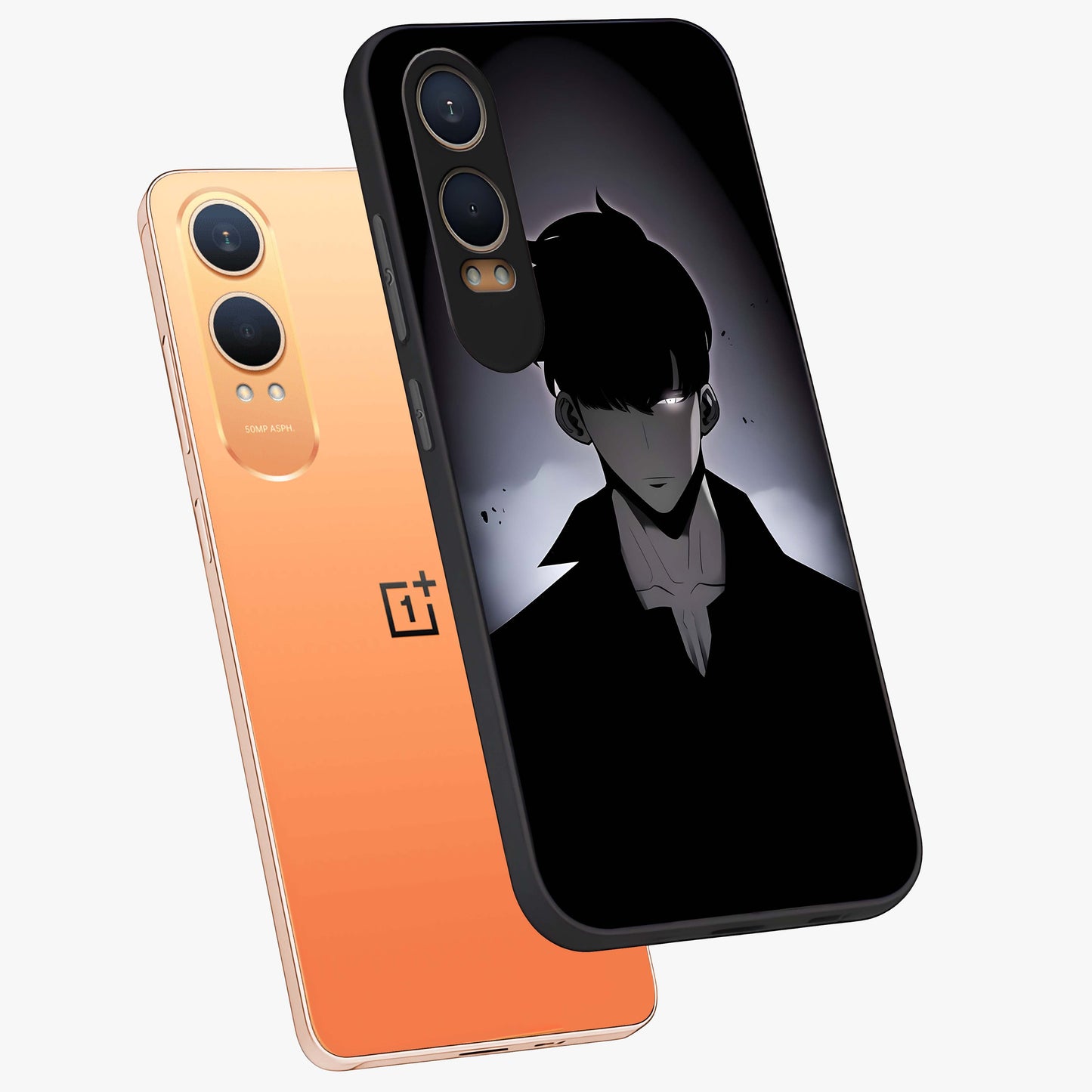 Silent Shadow Awakening Glass Case for 1+Nord CE 4 Lite angled mockup showcasing glossy finish and dramatic shadow detailing