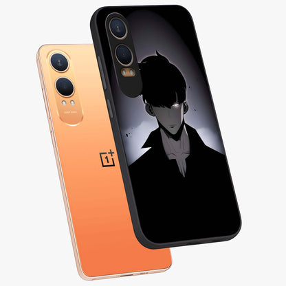 Silent Shadow Awakening Glass Case for 1+Nord CE 4 Lite angled mockup showcasing glossy finish and dramatic shadow detailing