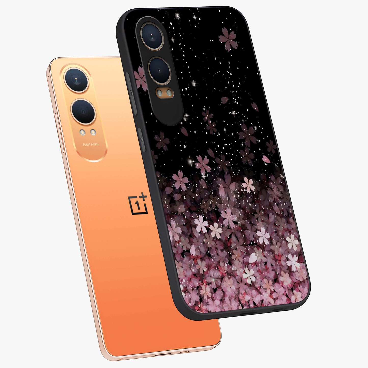 Small Starry Flowers Glass Case for 1+Nord CE 4 Lite angled mockup showcasing glossy finish and soft pastel tones