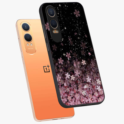 Small Starry Flowers Glass Case for 1+Nord CE 4 Lite angled mockup showcasing glossy finish and soft pastel tones