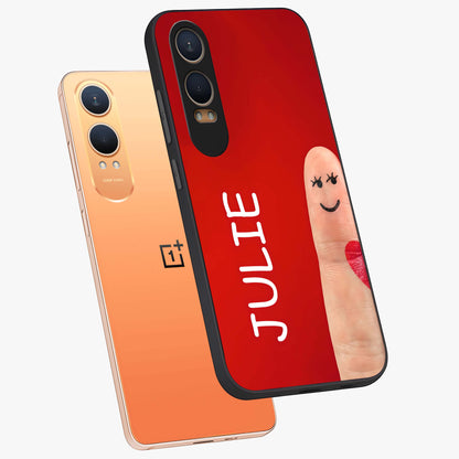 Smiling Love Sign Glass Case for 1+Nord Ce 4 Lite angled mockup showcasing glossy finish and vibrant heart detailing