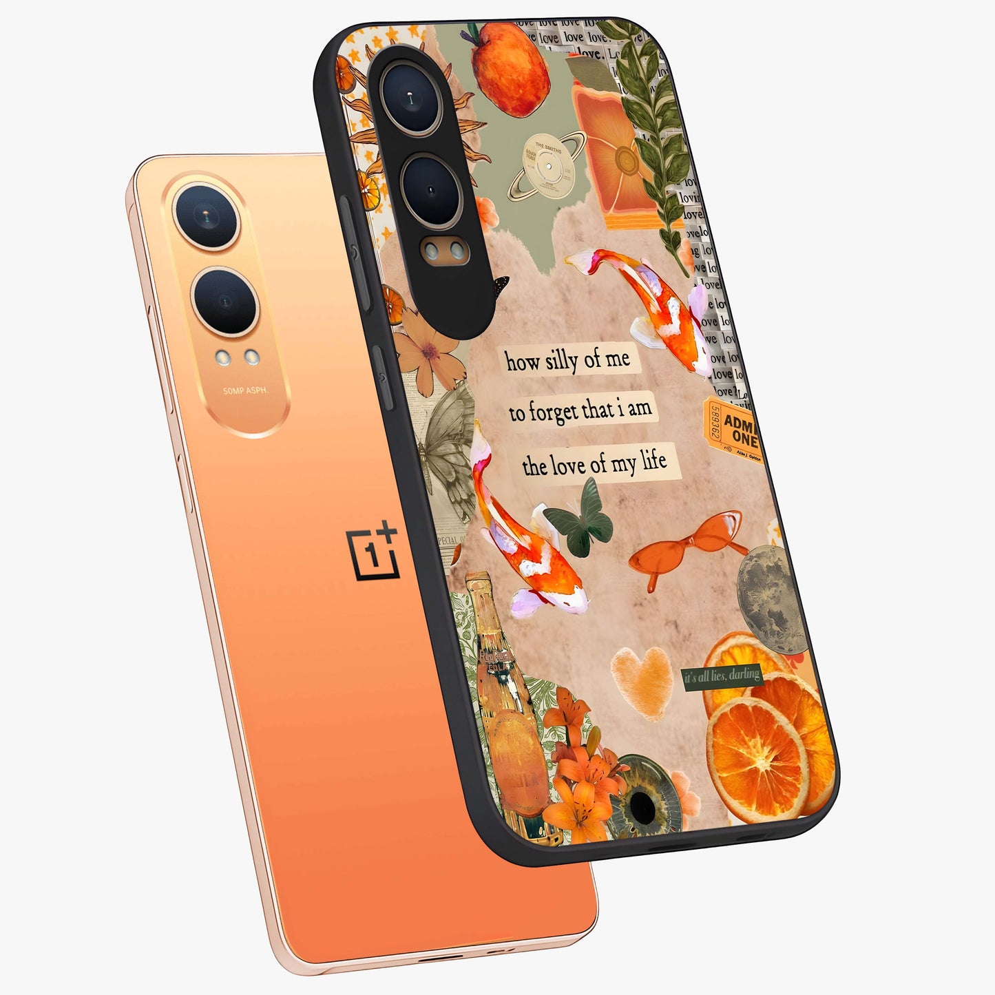 Soft Chaos Aesthetic Glass Case for 1+Nord Ce 4 Lite angled mockup showcasing glossy glass finish and blended gradient detailing