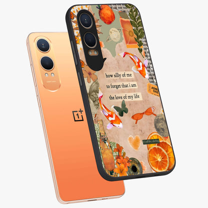 Soft Chaos Aesthetic Glass Case for 1+Nord Ce 4 Lite angled mockup showcasing glossy glass finish and blended gradient detailing