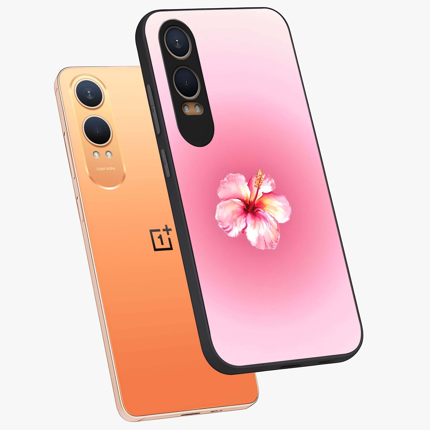 Soft Petal Serenity Glass Case for 1+Nord CE 4 Lite angled mockup showcasing glossy finish and calming bloom detailing