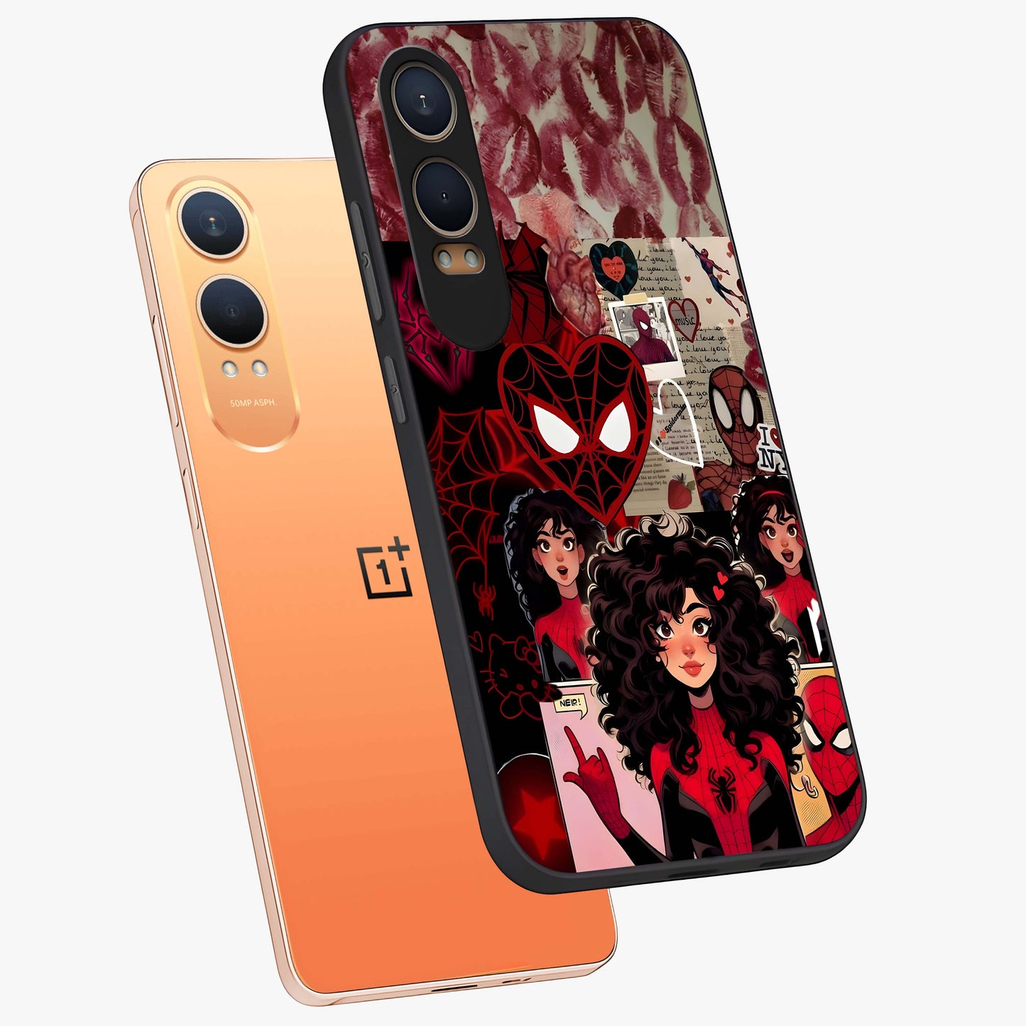Spider Love Story Glass Case for 1+Nord Ce 4 Lite angled mockup showcasing glossy finish and vibrant comic style detailing
