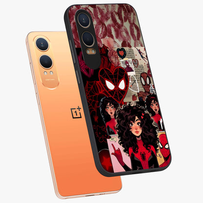 Spider Love Story Glass Case for 1+Nord Ce 4 Lite angled mockup showcasing glossy finish and vibrant comic style detailing