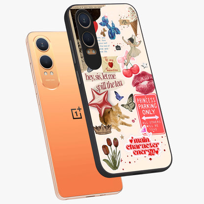 Spill the Tea Retro Collage Glass Case for 1+Nord CE 4 Lite angled mockup showcasing glossy finish and bold retro detailing