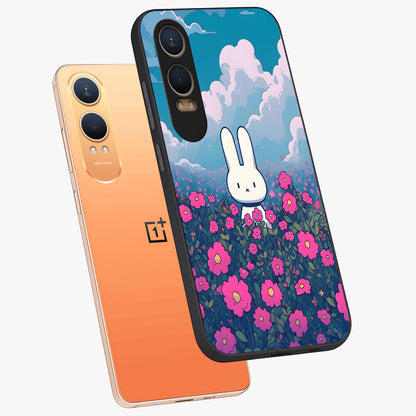 Springtime Blossom Bunny Glass Case for 1+Nord Ce 4 Lite angled mockup showcasing glossy finish and soft pastel tones