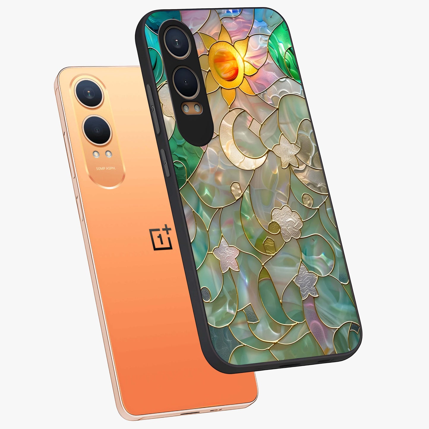 Stained Sunrise Glow Glass Case for 1+Nord CE 4 Lite angled mockup showcasing glossy finish and warm golden gradients