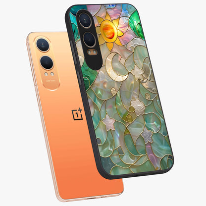 Stained Sunrise Glow Glass Case for 1+Nord CE 4 Lite angled mockup showcasing glossy finish and warm golden gradients