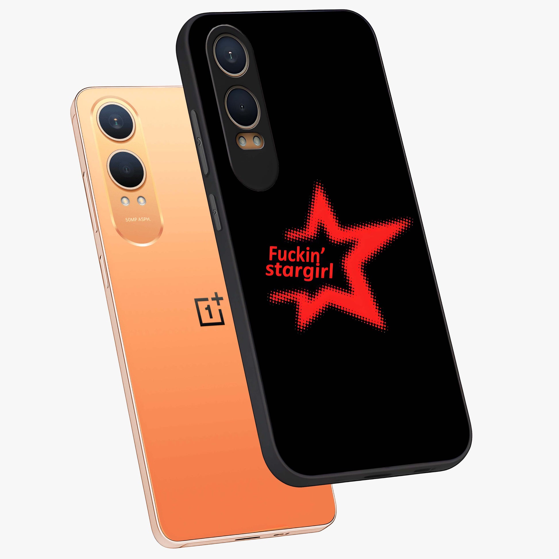 Starboy and Stargirl Energy Glass Case for 1+Nord Ce 4 Lite angled mockup showcasing glossy finish and vibrant cosmic tones